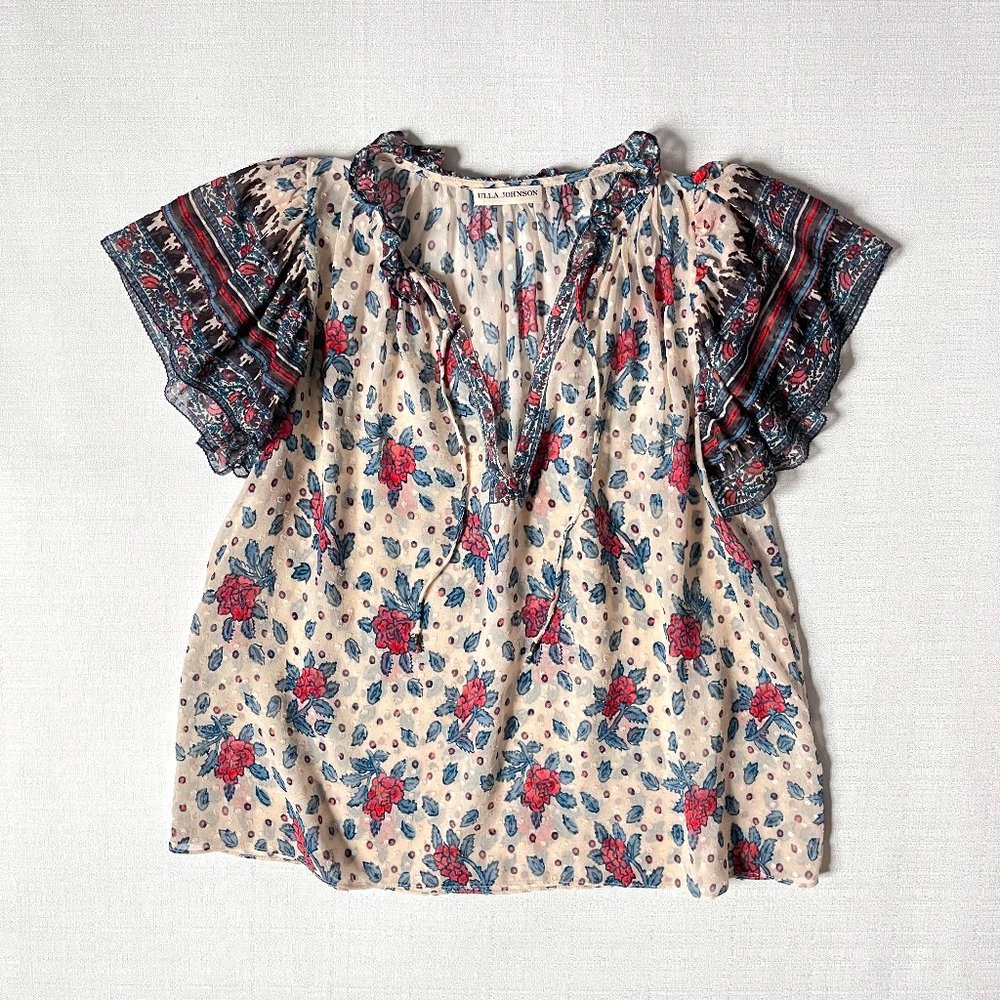 HOLD ULLA JOHNSON Elise Top $365 Silk Blend Ruffle Flutter Sleeve Rose 0 Blouse